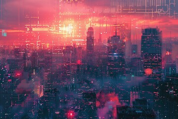 Obraz premium Glitched cityscape reimagined as neon-hued pixel art, showcasing a warped digital aesthetic.