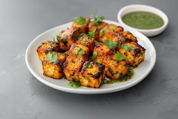 Fototapeta premium Char grilled paneer cubes with cilantro on a grey table, paired with a vibrant green sauce