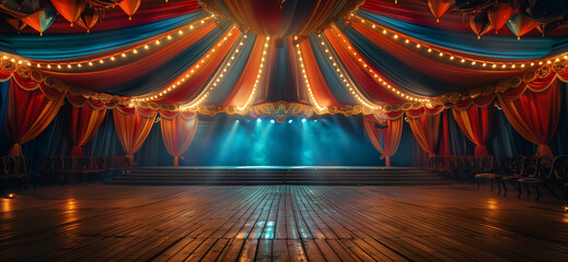 Title: Enchanting Circus Stage with Dramatic Curtains. Majestic circus stage, draped in luxurious curtains, illuminated by lights, ready for a spectacular performance.