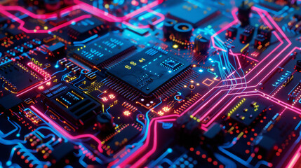Quantum Computing Visions: Neon Lines Traversing Intricate Circuit Boards, Pulsating with Energy and Speed