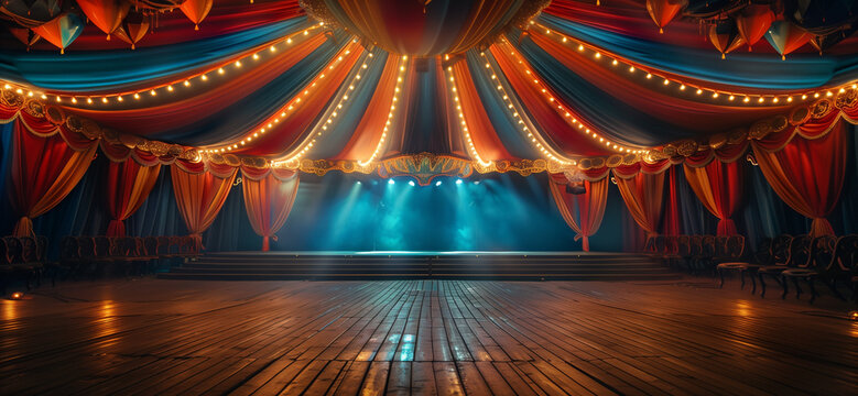 Title: Enchanting Circus Stage with Dramatic Curtains. Majestic circus stage, draped in luxurious curtains, illuminated by lights, ready for a spectacular performance.