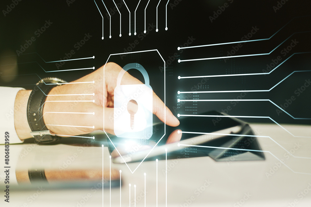 Aufkleber creative lock sketch with chip hologram and hand working with a digital tablet on background, protec