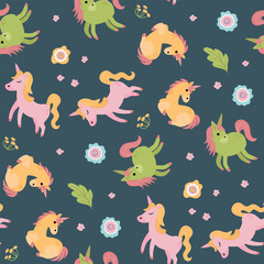 Seamless pattern with cute unicorns. A mythological and magical creature. Design for fabric, textiles, wallpaper, packaging.	
