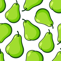 Pears vector seamless pattern. Green fruits with black outline on white background.