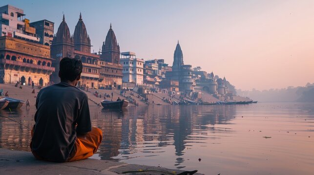 A man enjoying a peaceful moment by the Ganges river in Varanasi, India