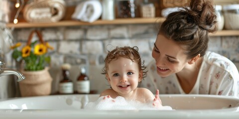 Mother bathing her cute little baby at home. ai generated