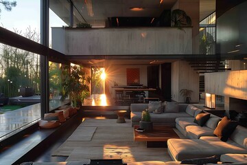 sun rising view in  modern room