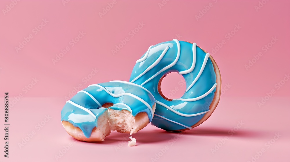 Sticker Two blue glazed donuts with artistic swirls on a pink backdrop. Delicious pastry for sweet tooth moments. Ideal for food blogs and ads. AI