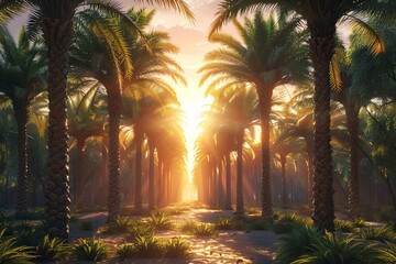 Cinematic sunset casting over expansive high-resolution date palm forest