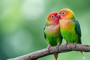 Two colorful lovebirds affectionately touching beaks, symbolizing companionship, love. Birds, set against soft green backdrop, display stunning array of red, yellow, green feathers. Romantic symbolism