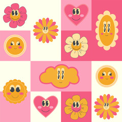 Fototapeta premium Vintage geometric pattern with cartoon groovy flowers in 2000s style. 2000s background