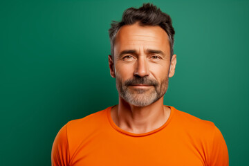 Fototapeta premium Portrait of middle aged smiling man isolated on green background. Happy man with orange t-shirt.