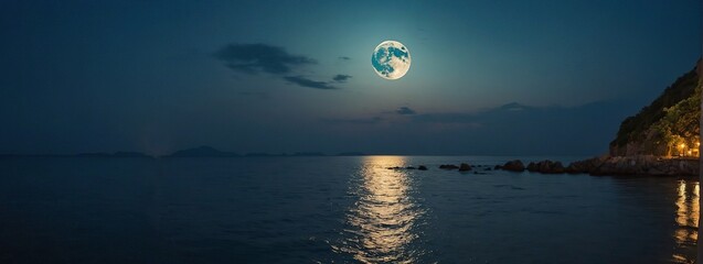 Romantic and scenic panorama with full moon on sea to night 