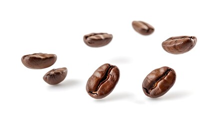 Freshly Roasted Coffee Beans Floating Mid-Air on a White Background. High-Quality, Detailed Close-Up Capture of Arabica Beans. Perfect for Coffee Shops and Advertisements. AI
