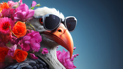 Anthropomorphic hyperrealistic cyberpunk bird character with big beak wearing sunglasses on minimal floral background with empty copy space. Modern pop art illustration
