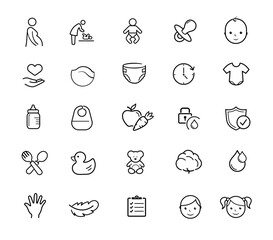 Set icons for baby care products. The outline icons are well scalable and editable. Contrasting vector elements are good for different backgrounds. EPS10.