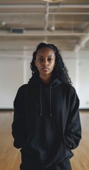 a black woman instagram model facing forward wearing a black hoodie in a dance studio