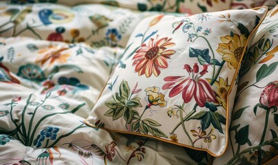 Colorful floral bedding set on a well-made bed with decorative pillow in a cozy bedroom, creating a vibrant and inviting atmosphere for relaxation and comfort