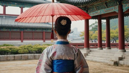 Fototapeta premium traditional Korean dress, costume and clothes, Travel tour and tourism at landmark and tourist attraction, Back view of lady with umbrella