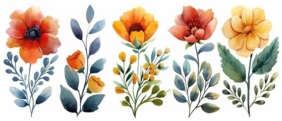 Design a series of watercolor floral frames featuring vibrant flowers and soft foliage, each uniquely crafted and isolated on a white background