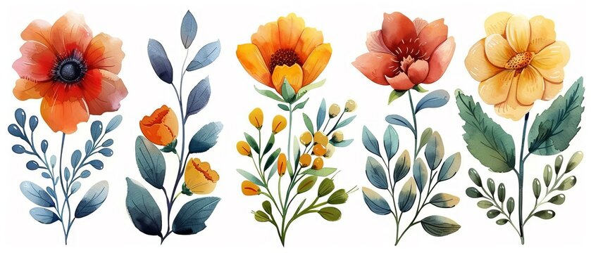 Design a series of watercolor floral frames featuring vibrant flowers and soft foliage, each uniquely crafted and isolated on a white background