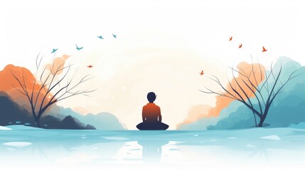 Mindful breathing cartoon illustration - Generative AI. Man, yoga, sunset, lake, tree.