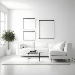modern interior with white sofa and empty frame on wall for advertisement, Created using generative AI.
