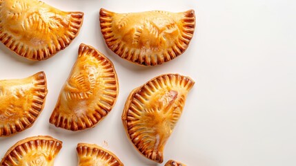 Obraz premium Neatly arranged curry puff pastries on white surface with delicate crimps and golden hue