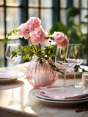 All white elegant dining table setup, blurry white background with copy space, depth of field, green plants, shades of pink