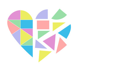 Heart made up of pieces with geometric shapes. The left half has the pieces correctly placed, while the right half has them misplaced.