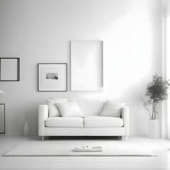 modern interior with white sofa and empty frame on wall for advertisement , Created using generative AI.