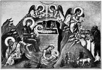 Birth of Christ. Miniature from a manuscript in the Vatican. Publication of the book "Meyers Konversations-Lexikon", Volume 7, Leipzig, Germany, 1910