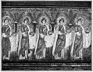 Christian women Great Martyrs. Mosaic in the Basilica of Saint Apollinare Nuovo in Ravenna, Italy. Publication of the book "Meyers Konversations-Lexikon", Volume 7, Leipzig, Germany, 1910