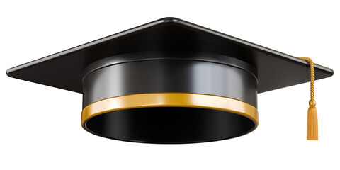 Square academic cap, 3d render black graduation hat or mortarboard with golden tassel, for graduates of college, high school, university. Clothes for degree ceremony