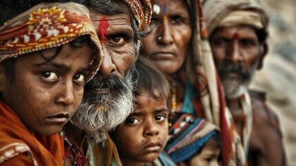 Obraz premium A close-up of a group of people with focused expressions, dressed in traditional attire, gathered together in a rural setting during the late afternoon, reflecting resilience and community
