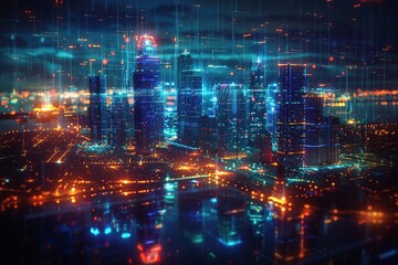 Towering buildings materialize in a holographic display, awash in a neon blue glow.