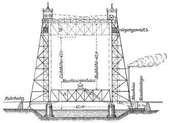 Vertical-lift bridge in Chicago. USA. Publication of the book "Meyers Konversations-Lexikon", Volume 7, Leipzig, Germany, 1910