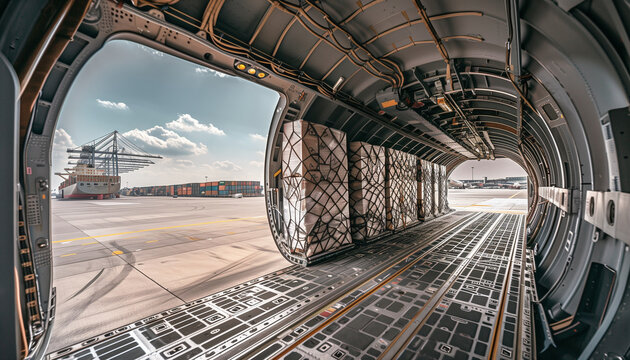 capturing the interior of a cargo plane filled with securely strapped goods, with views through the open door to the busy tarmac outside, logistics export, container ship, with cop