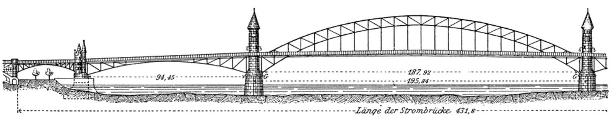 Road bridge over the Rhine (Bonn-Beuel), Germany. Publication of the book "Meyers Konversations-Lexikon", Volume 7, Leipzig, Germany, 1910