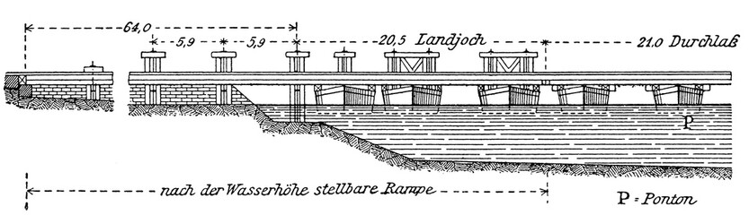 Ship bridge near Maxau, Germany. Publication of the book "Meyers Konversations-Lexikon", Volume 7, Leipzig, Germany, 1910