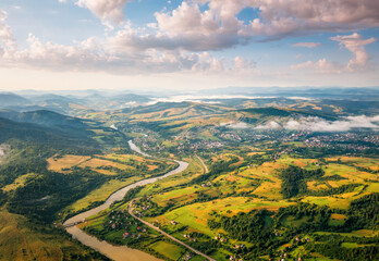 A fantastic bird's eye view of the rolling countryside. Carpathian mountains, Ukraine, Europe.