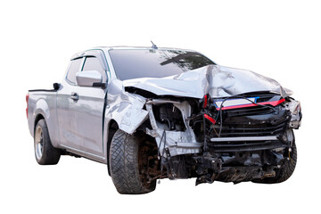 Front of gray or bronze pickup car get damaged by accident on the road. damaged cars after...