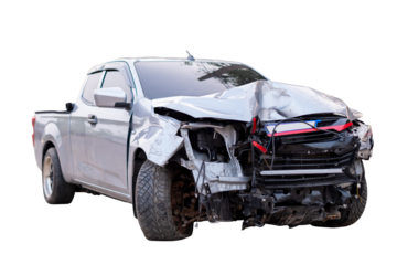 Front of gray or bronze pickup car get damaged by accident on the road. damaged cars after collision. isolated on transparent background, PNG File