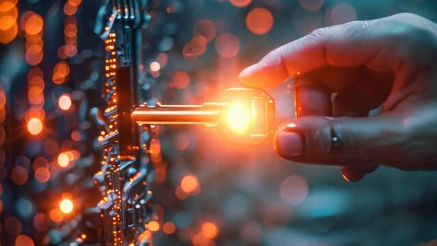 Digital key to the future: Hand holding a glowing key, unlocking technology.