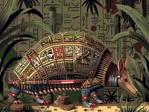 An illustration of an armadillo made out of ancient Egyptian artifacts.