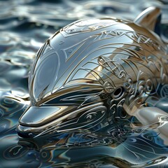 The silver dolphin is swimming in the ocean. The dolphin is a symbol of freedom and adventure. The ocean is a symbol of mystery and beauty. The image is very calming and peaceful.