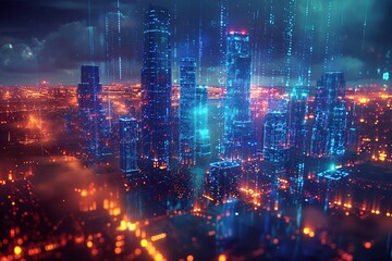 A shimmering holographic projection of a cityscape bathed in neon blue hues.