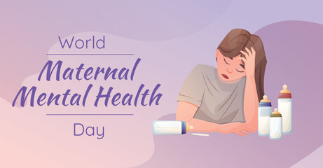 World Maternal Mental Health Day. Vector horizontal holiday banner. Cartoon illustration of tired exhausted woman with baby bottles.