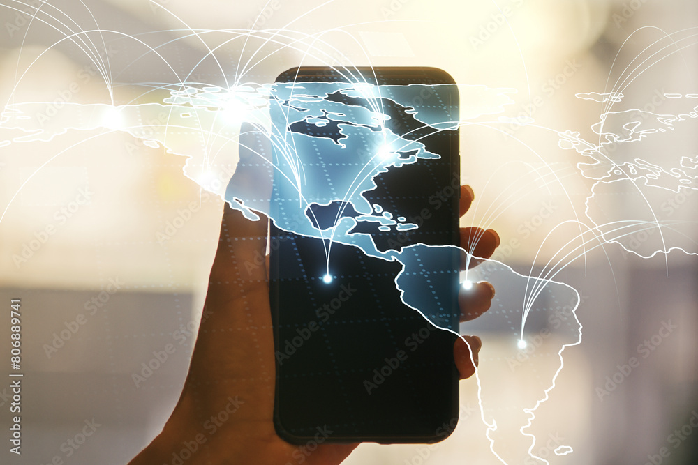 Aufkleber double exposure of abstract digital world map with connections and hand with cellphone on background