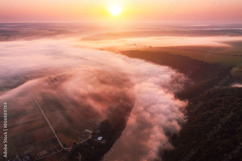 Poster Panoramic view from a drone flying over the meander of Dniester river.